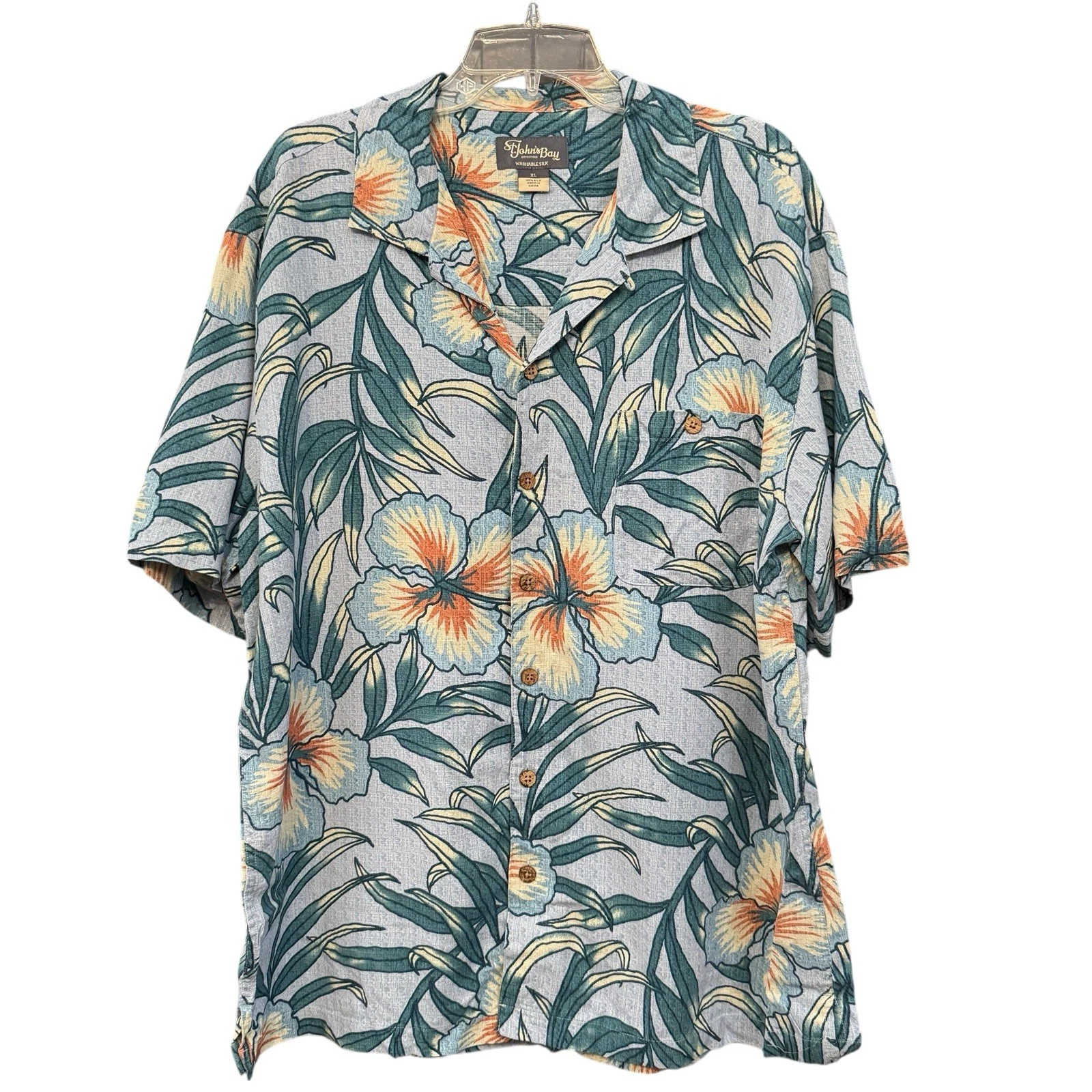 St Johns Bay Washable Silk Hawaiian Shirt XL Floral Camp Aloha Gray