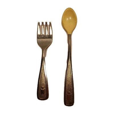 1980s The First Years Deluxe Stainless Baby Fork and Spoon Set Discolor On Spoon