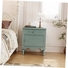  Vintage Nightstand, End Table with Pattern Carved Drawer and Aged Blue