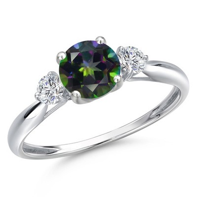 10K White Gold Green Mystic Topaz and Lab Grown Diamond 3-Stone Ring For Women