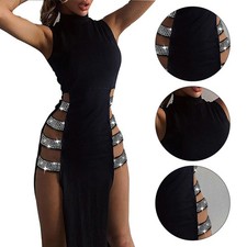 Robe sexy noire sans manches avec détail découpé et fente haute pour femme