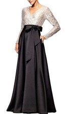 NEW XSCAPE SZ 18 Black Silver Long Sleeve Formal Gown Satin GALA MOB MODEST $299