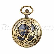 Portable Hollow Gold Blue Mechanical Skeleton Roman Numberals Pocket Watch
