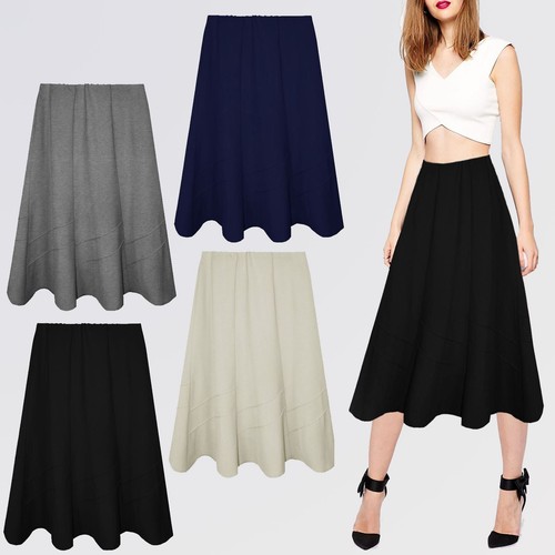 WOMENS LADIES MID LENGTH SKIRTS ELASTICATED FLARED FANCY DRESS SKATER LONG SWING