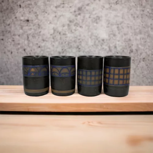 4 Pottery Stoneware Cups Vases Vessel 3.5" Brown Blue Orange Vintage