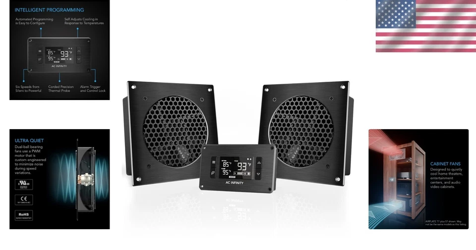 Sistema de enfriamiento silencioso de doble ventilador con control de termostato para gabinetes AV - 6 pulgadas Foto 2 de 4