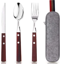 Stainless Steel Travel Utensils Set w/ Case – Reusable Fork Spoon Portable 3Pc