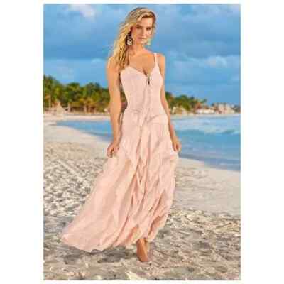 Venus Lace Up Ruffle Maxi Cotton Dress Peach Size M NWT