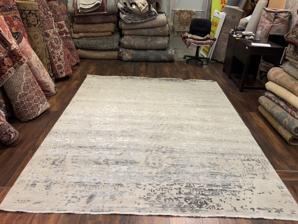 Alfombra rosa de transición fina genuina anudada a mano de seda y lana 8x10’4,107 Foto 2 de 4