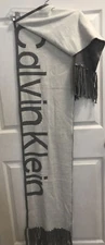 NEW Calvin Klein Colorblock Signature Knit Scarf Gray / Ivory Fringed 82”x12”