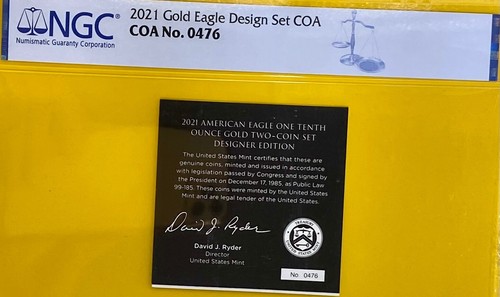 2021 Gold Designer Set G$5 T-1 & T-2 NGC PF70 FDOI COA#0476 1ST LABEL - Picture 6 of 7