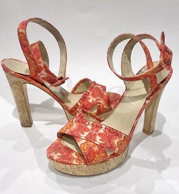 Theodora & Callum by Stuart Weitzman Pink Orange Print Platform Cork Heels 7.5