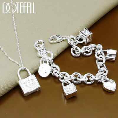 DOTEFFIL 925 Sterling Silver Heart Square Round Lock Necklace Bracelet Set