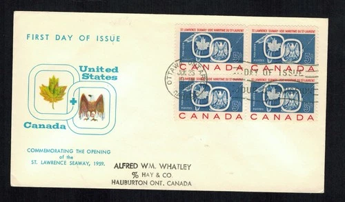 Canada #387, 1959 5¢ Seaway block  Phila Coin cachet FDC VF