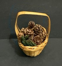 Vintage Mini Miniature Hand Woven Rattan Basket w/Handle  Pinecones OOAK, 3  L