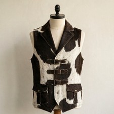Men's Black  White Hair-On Cowhide Buckle-Front Western Vest