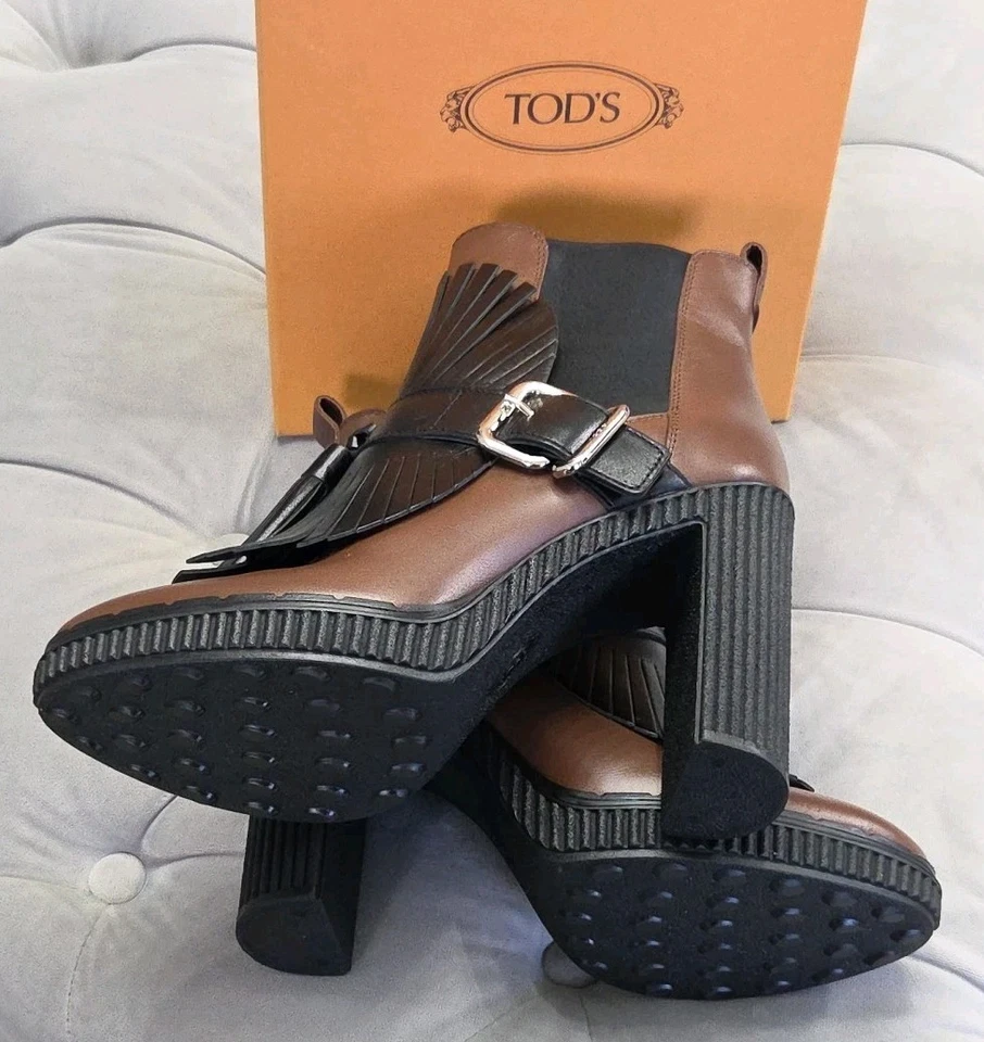 Tod's Marrón Negro Cuero Botines Tacones Borla Hebilla Mujer Zapatos 36.5 6.5 Foto 3 de 4