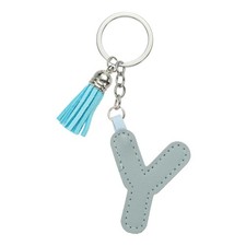 Initial Letter Keychain, Cute Leather Keychains with Tassel Letter Y, Light Blue
