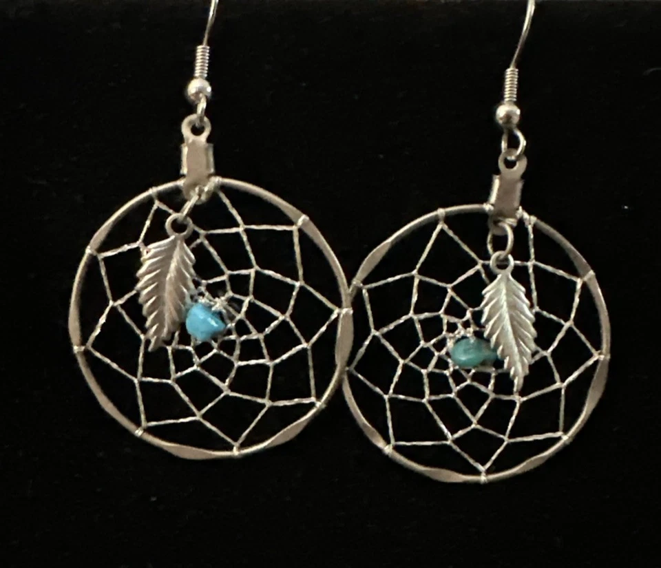 Silver Tone Dream Catcher Feather Charm Turquoise Bead Hook Dangle Earrings - Image 3 of 3
