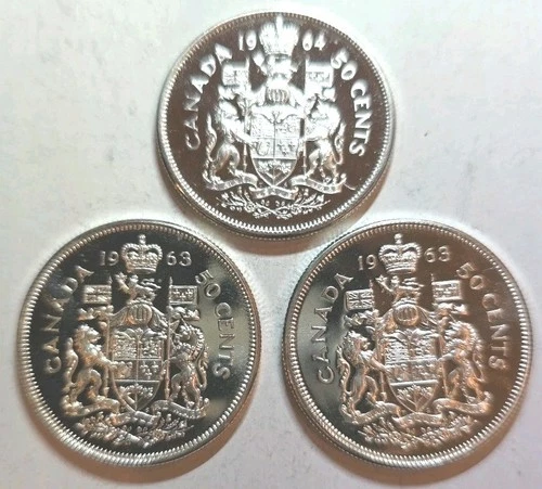 Lot of 3 Vintage Canada Silver Half Dollars - 1963 1964 - .800 80% 50 Cents BU