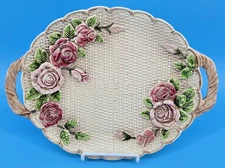 Vtg Takahashi San Francisco Ceramic Serving Tray Rose Basket Weave Beige Pink 12