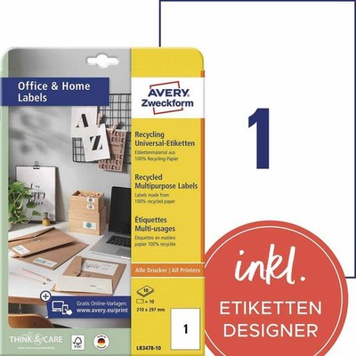 AVERY Zweckform Etiketten LR3478-10 weiß 210,0 x 297,0 mm, 10 Blatt