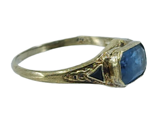 ANTIQUE 1930's ART DECO SOLID 14K GOLD w/ SIMULATED SAPPHIRE COCKTAIL RING - Picture 22 of 24