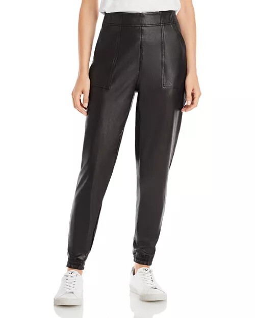 New Women's SPANX Black 20283r Black Faux Leather Jogger Pants