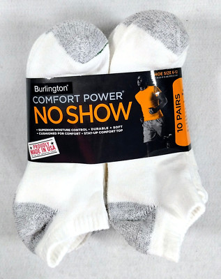 Burlington No Show White Comfort Power Men Athletic Socks 10-pk Thick 73% Cotton