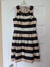 Eliza J. Black White Gold Striped A-Line Dress Sz 4 Petite Bloomingdales Jewels