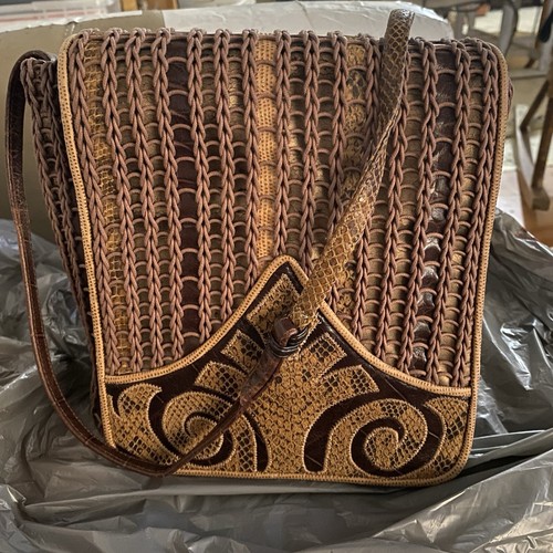 Sharif Crossbody/Shoulder Bag Suede Interior Woven Leather With Fabric /Snake - Picture 14 of 14