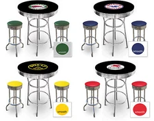 Bar Table Set Vintage Gas Theme 3-pc Black Table w/Decal Retro Vinyl Stools