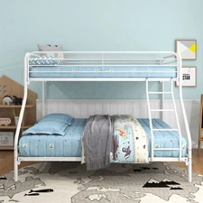 Twin Over Full Bunk Bed Heavy Duty Metal Bunk Bed Frame with Ladder White