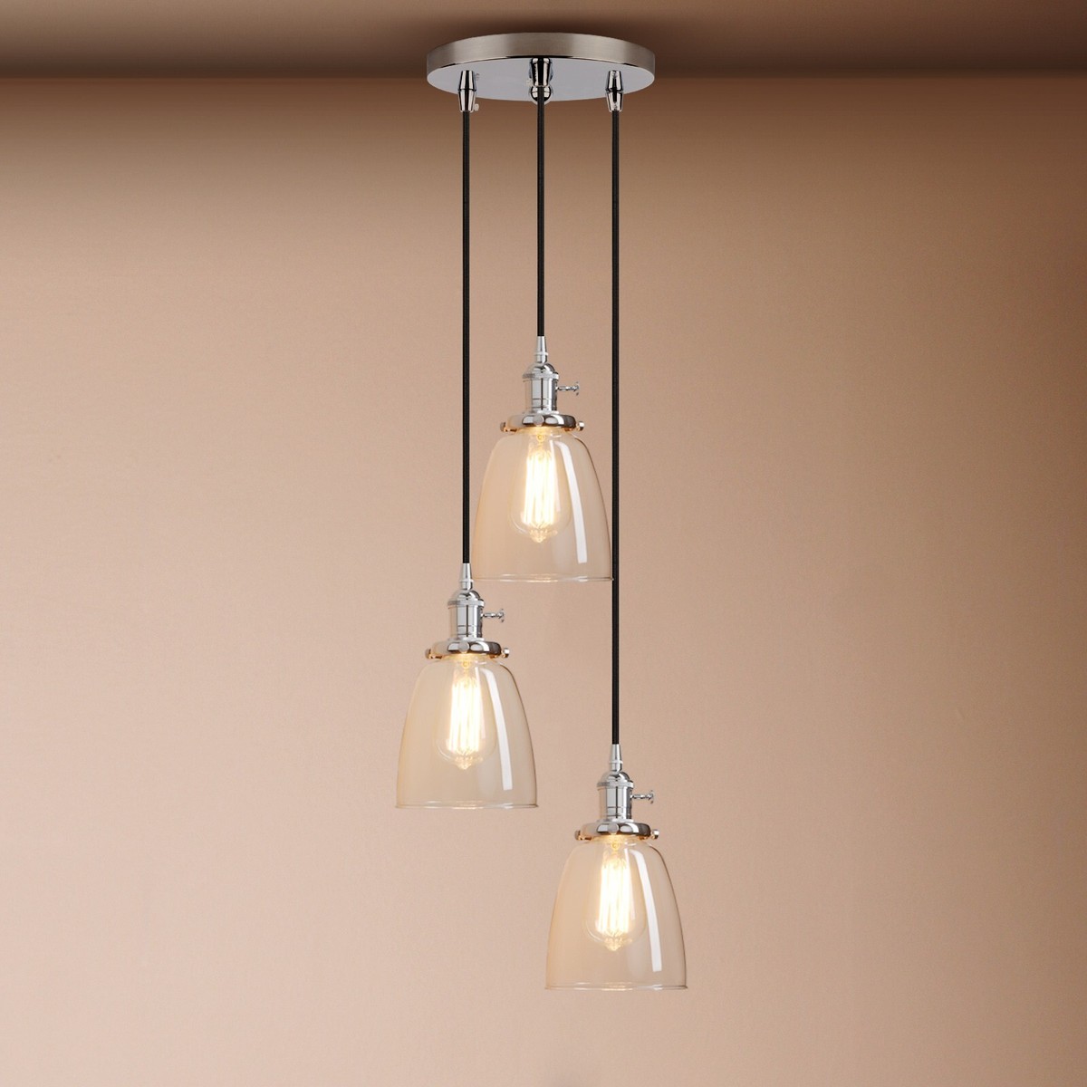 CLUSTER 1/3 RETRO INDUSTRIAL LAMP CLOCHE GLASS SHADE LOFT CEILING PENDANT  LIGHT