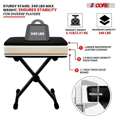 5 Core Keyboard Bench 3" Padded Cushioned Piano Stool Adjustable Guitar Seat - Picture 6 of 10