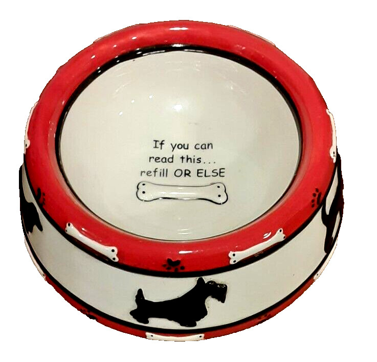 Bowl Ceramic Red White Black Bones Dogs Paw Prints