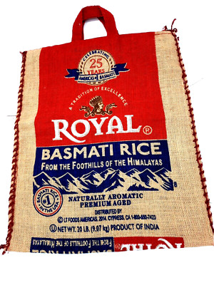 Royal Basmati Rice Reuseable Burlap Bag Handles Zippered