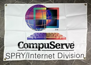 Vintage 1995 Compuserve SPRY Internet Division Vinyl Banner Poster & Pin