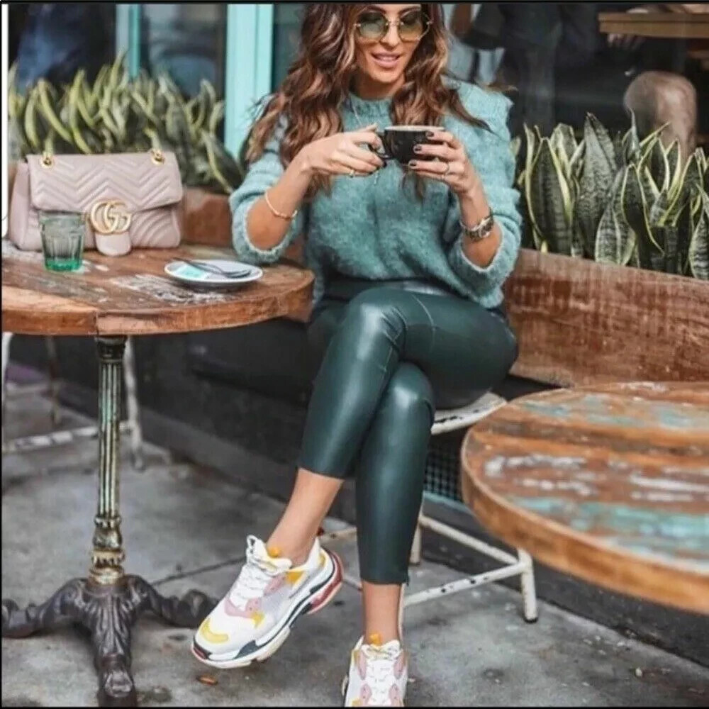 Zara Emerald Dark Green Faux Vegan Leather Pants, Size Small
