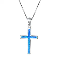 Hawaii Blue Fire Opal Cross Necklace pendants Silver Filled For Women Girls