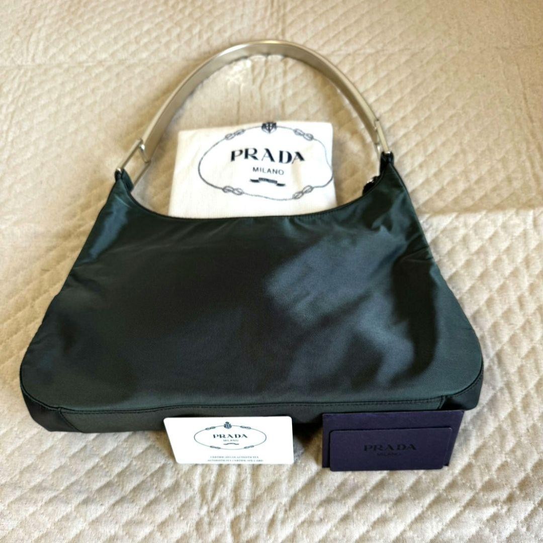 Excellent Condition PRADA Metal Handle One Shoulder Bag Dark Green Nylon Triangl