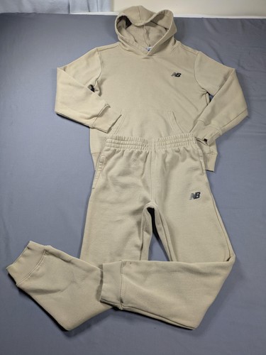New Balance Tracksuit Boys 12 Beige Fleece Hoodie Jogger Sweatpants Logo Set