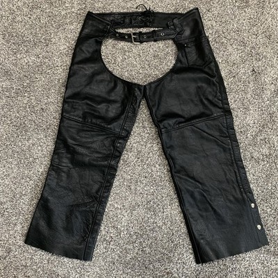 Xelement Black Leather Biker Chaps Side Zip & Snap Belted Motorcycle Riding 16