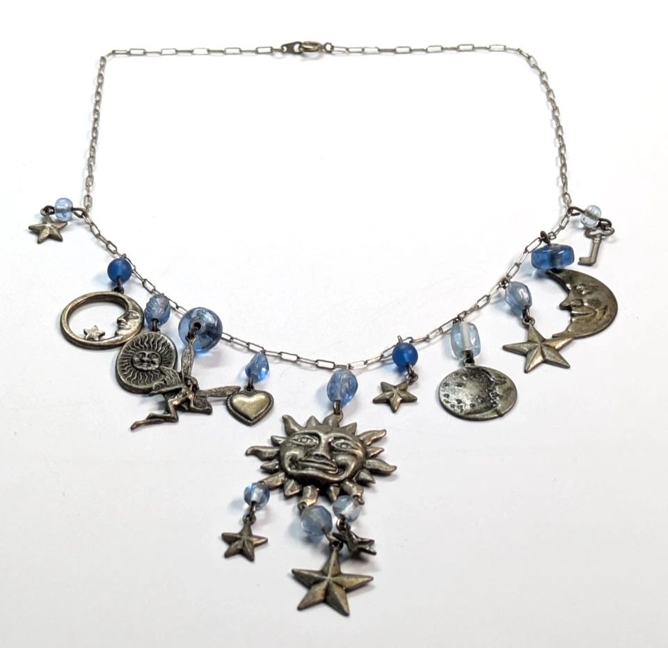 天体多吊坠太阳月亮星星古董银色 17 英寸项链工匠 — 第 2/4 张图片