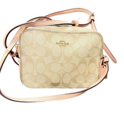 Coach Mini Jamie Camera Bag Signature Canvas Khaki Peach Crossbody