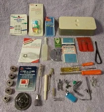 Vintage Sewing Machine Assorted Feet, Assorted Attachments, Bobbins, Tools