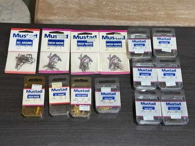 Vintage NOS Mustad Fishing Hooks Lot All Around, Fresh Water 14 pcs Mixed Sizes