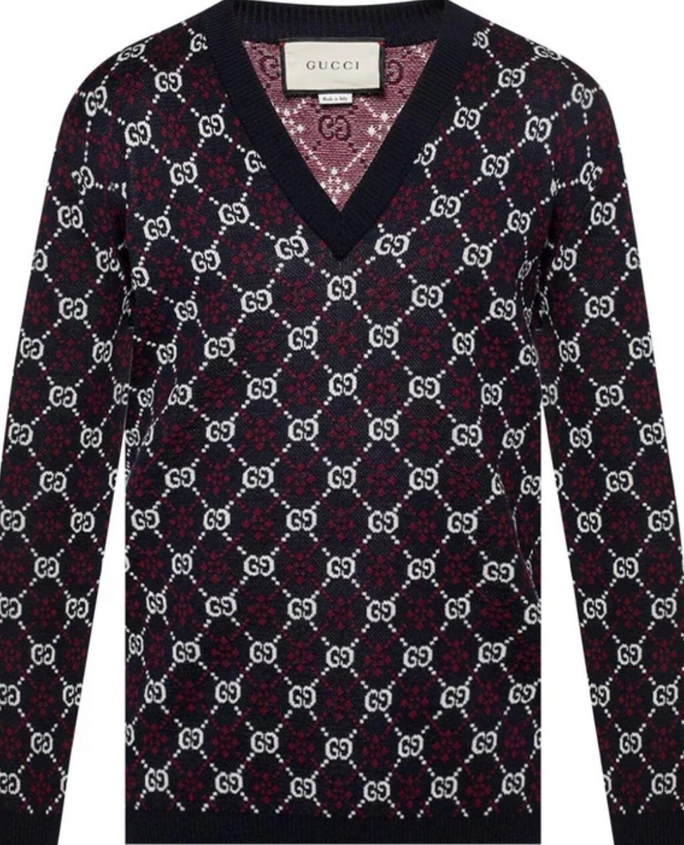 New Gucci Men's V-Neck Navy Sweater with Blue/Red/White GG Logo SZ