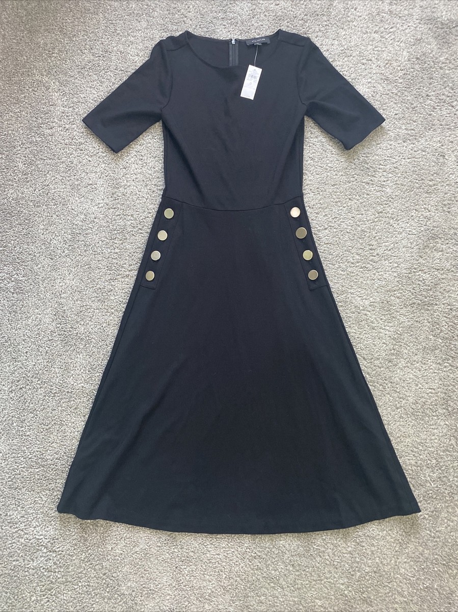 NWT Ann Taylor Black Dress Button Accent Midi A Line Size 0