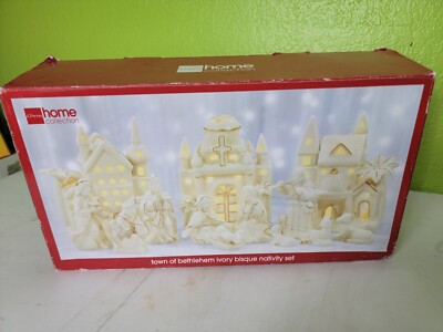 JC Penny Home Collection Town of Bethlem Ivory Bisque Nativity Complete In Box